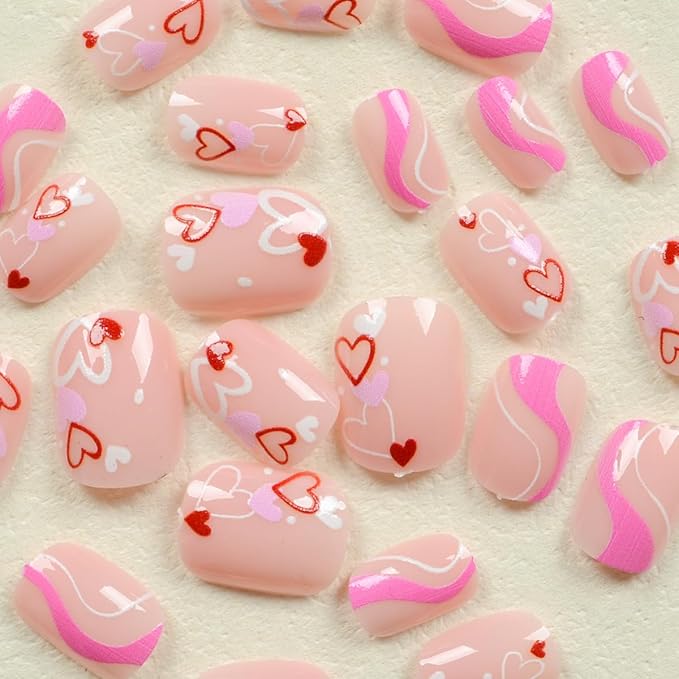 24Pcs Valentines Press on Nails Short Oval Fake Nails Colourful Love Heart Glue on Nails Stripe Design Valentines Acrylic Nails Nude Pink Stick on Nails Cute Artificial False Nails for Women Manicure