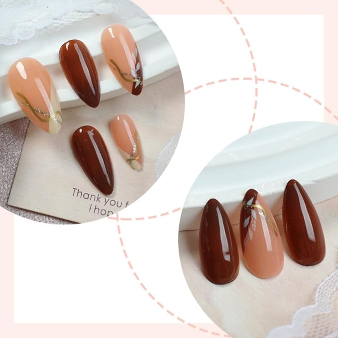 Medium Almond Press on Nails French Tip Fake Nails Gold Line Leaf Design Stick on Nails Glossy Nails Press Ons Reusable Full Cover Acrylic Glue On Nails for Women Nail Art Decoration 24Pcs