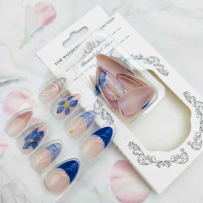 24Pcs Blue Flower Press on Nails Medium Almond Fake Nails with Pearl Water Ripple Designs French Tip False Nail Gold Beads 3D Flower Glue on Nail Summer Beach Stick on Nails for Women Girls