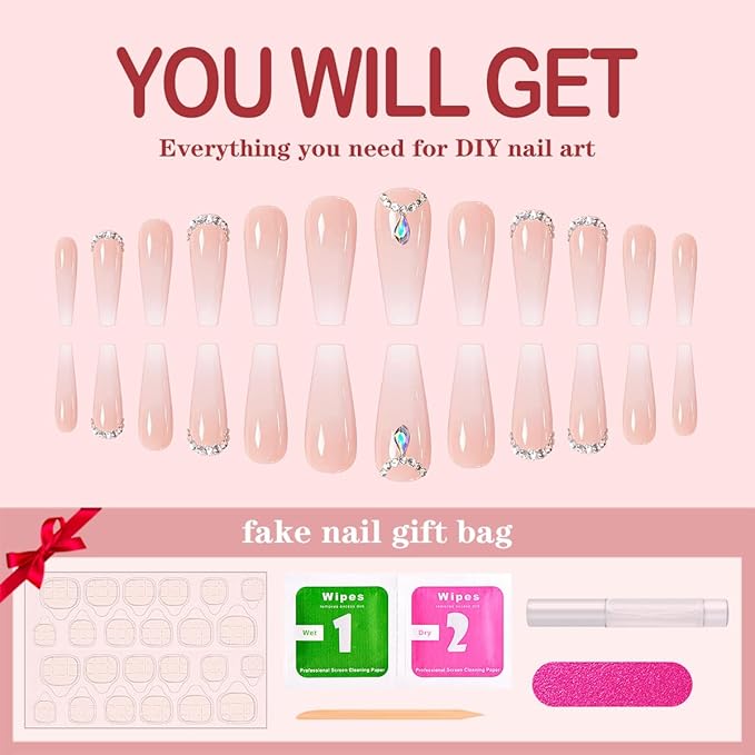 Yivaiks Press-on Nails, 24pcs Ballerina Bling Acrylic Nails Kit, Rhinestones Coffin Nails with Designs, Full Cover Artificial Nails, 12 Sizes, Ideal for Occasions, Gifts, Temporary Use