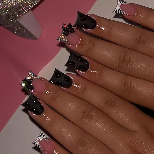 Duck Press Nails Set, Black Polka Dot Fake Nails, French Tip Glue on Nails with Crystal Bow and Zebra Print Accent Designs Long Coffin Style Artificial Nails for Women Girls, 24 Pcs