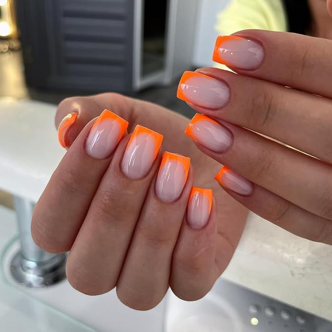 30 Pcs Orange French Tip Press on Nails Short Square, Acrylic Fake Nails Press ons with Glue, Small Coffin Acrylic Natural Nude Glue on Nails for Women, 15 Sizes