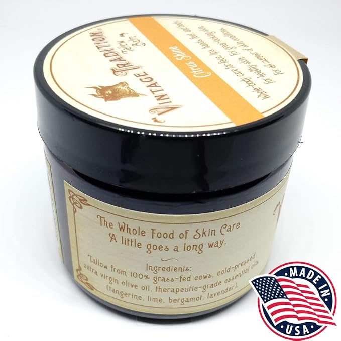 Vintage Tradition Beef Tallow All Purpose Balm – Healing, Hydrating Citrus Oil Skin Care Salve Replaces Body Lotion, Hand Cream, More – Essential Oil,a Olive Oil, and Grass-Fed Tallow, 2 fl. oz.