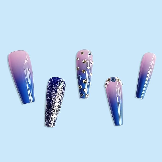 BABALAL Coffin Press on Nails Long Fake Nails with Nail Glue Blue Purple Glue on Nails 24Pcs Glitter Acrylic Nails Ballerina Stick on Nails
