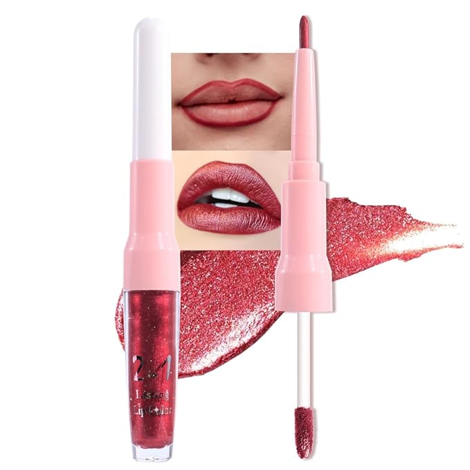 evpct Dark Red Metallic Glitter Lip Liner and Lipstick Combo Lip Gloss Stain Set Makeup for Women Long Lasting Waterproof 24, Wine Red Frosted Metallic Shimmer Glossy Chrome iridescent Liquid Lipstick