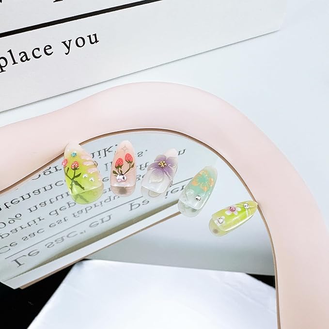 30pcs Flower Press on Nails Medium Almond Fake Nails with 3D Flower Strawberry Designs Handmade False Nails Gold Beads Bow Star Rhinestones Stick on Nails Floral Full Cover Glue on Nails for Women