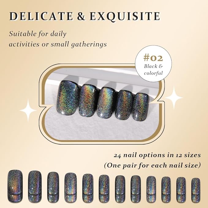 evpct Black Chrome Metallic Cat Eye Press on Nails Square Medium, Glue on Nails Medium Length Square for Women, Black Metallic Nail press ons, Iridescent Glitter Halloween Acrylic Fake Press on Nail