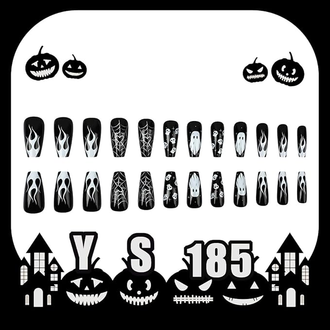 24Pcs Halloween Press on Nails Medium Square Fake Nails with Cute Ghost Skull Spider Web Design Dark Black Full Cover Artificial Glue on Nails Glossy Stick on Nail Goth False Nails for Women Manicure