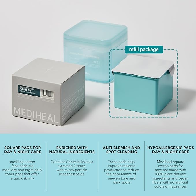 (Only Refill) Mediheal Madecassoside Blemish Pad (100 ) - Cotton Facial Toner Pads for Anti Blemish to Improved Uneven Skin Tone - Vegan Gauze