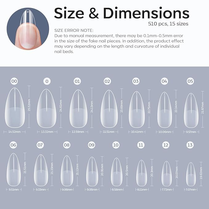 Modelones Almond Fake Nail Tips -510Pcs Medium Soft Gel Nail Tips Almond Shape Pre Etched Half Matte Full Cover Clear Acrylic Gel Kit False Press on for Extension Manicure Salon DIY at Home 15 Sizes