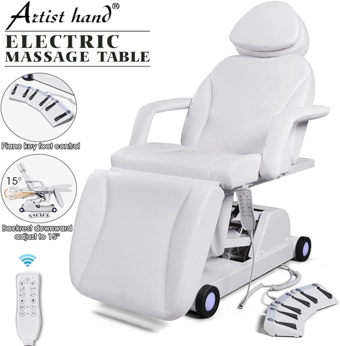 Artist hand 3 Motor Electrical Facial Bed for Esthetician 110V Removable Massage Table Led Light Beauty Bed Medical Aesthetic Tattoo Chair with Adjustments, Hand/Foot-Operated, White