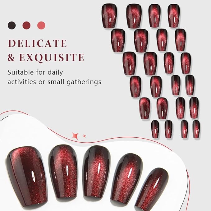 evpct Deep Burgundy Red Cat Eye Press on Nails Square Medium Coffin, Medium Square Glue on Nails for Women Gift, Dark Red Metallic Glitter Glossy Reusable Spring Summer Gel Press on Acrylic Fake Nail