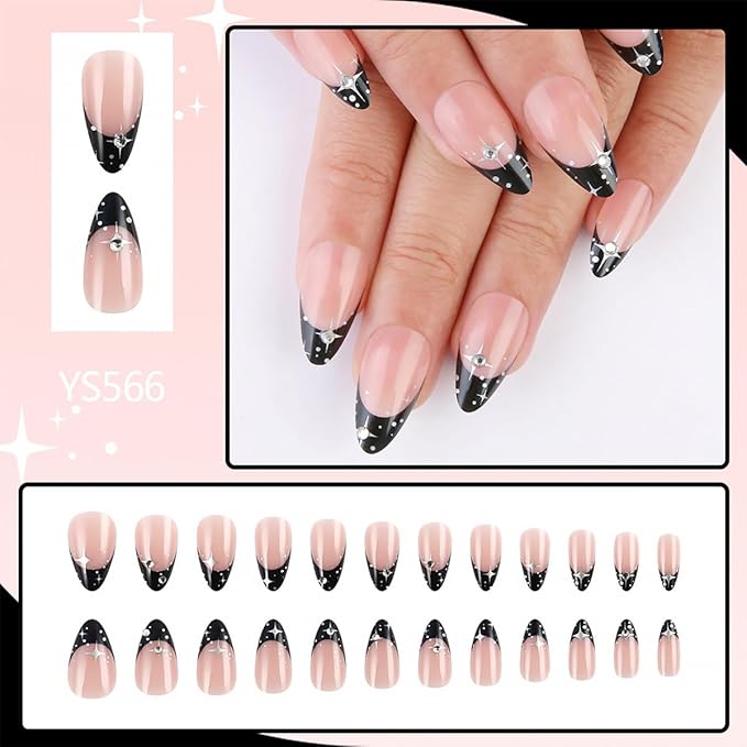24Pcs Star Press on Nails Medium Almond Fake Nails Black French Tip False Nails with Round Silver Rhinestones Design Full Cover Glue on Nails Nude Artificial Nails Glitter Stick on Nails for Women DIY