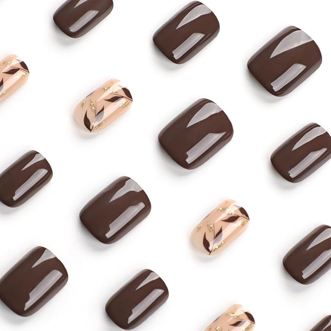 Brown Press On Nails Short Square 24pcs, Nude Coffee False Nails with Gold Leaf Design, Glossy Acrylic Stick On Nails, Natural Reusable Glue On Fake Nails Kit for Women