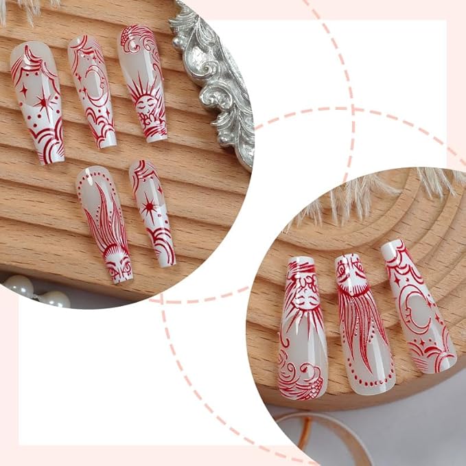 Long Press on Nails Coffin Fake Nails French Tip False Nails Red Artificial Nails with Designs Stick on Nails for Women 24pcs