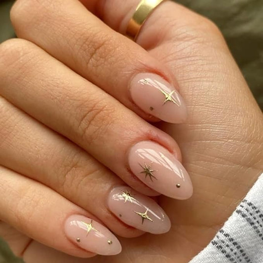 Nude Pink Almond Press On Nails Short, cute Fake Nails with Gold Star & Dot Detail, Glossy Gel Finish Acrylic Nails, Reusable Glue On Nail Kit for Women, Trendy Star Design False Nail, 24Pcs