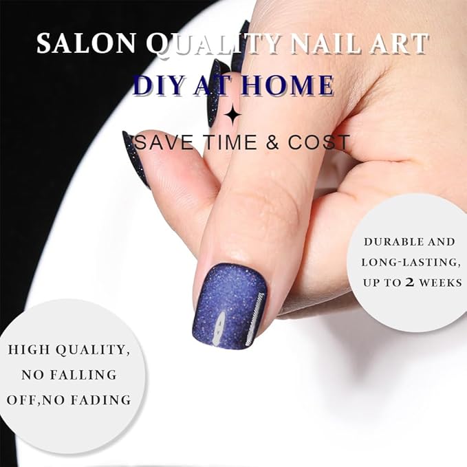 evpct Royal Blue Cat Eye Extra Short Press on Nails Square, Petite Short Square Glue on Nails for Women Gift, Blue Metallic Glitter Glossy Reusable Stick Gel Press on Acrylic Fake Nail with Designs