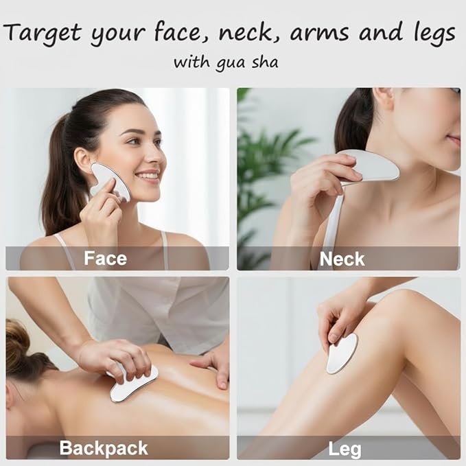 Stainless Steel Gua Sha Facial Tool with Big Size – Lymphatic Drainage Massager, Jawline Sculpting, & Skin Care | Metal Gua Sha Scraper for Eye & Facial Relaxation | Includes Travel Pouch