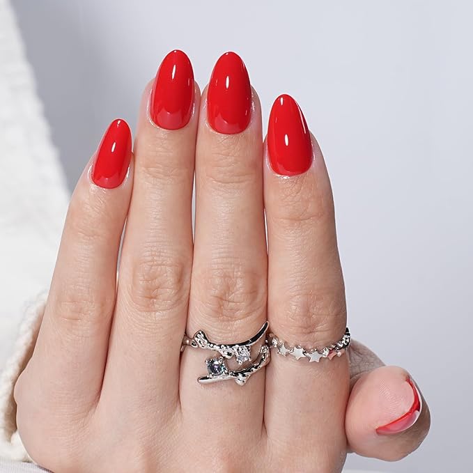 Red Press on Nails - Glossy Short Almond Press on Nail, Fake Nails Reusable Nails Press ons for Women, 32 Pieces in 16 Sizes False Nails Kit with Glue, Cherry Heat