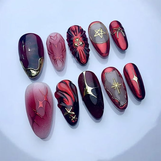 24pcs Red Press on Nails Medium Almond Fake Nails with 3D Glitter Designs French Tip False Nails Star Acrylic Nail Tips Dark Full Cover Glue on Nails for Women Nail Decoration