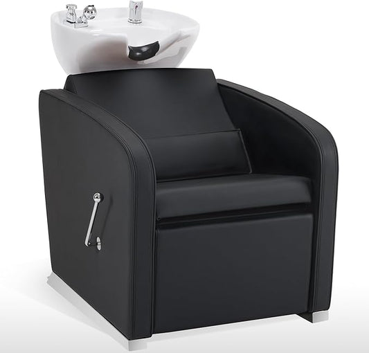 BarberPub Backwash Shampoo Chair and Bowl Set, Adjustable Porcelain Ceramic Hair Wash Bowl Sink Unit, Shampoo Station Chair for Spa Beauty Salon Hair Salon Equipment 9370 (Black&White Bowl)