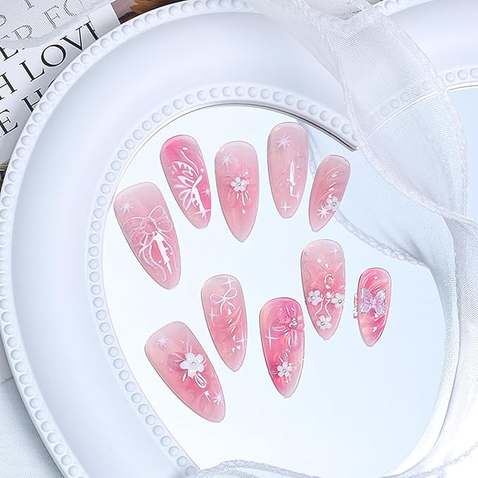 24Pcs Gradient Pink Press on Nails Medium Cute Fake Nails 3D Flower Acrylic Nails Butterfly Bow Artificial Glue on Nails Glossy Pink False Nails Water Ripple Design Almond Stick on Nails for Women