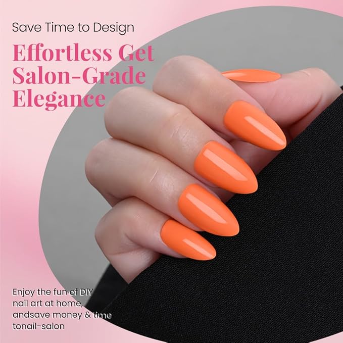 evpct Glossy Press on Nails Short Almond Short for Women, Orange Fake Nail with Glue Salon Quality Reusable Stick on Nails In 15 Sizes 30Pcs Full Cover False Nail Soft Gel Set Kit for Gift, 19