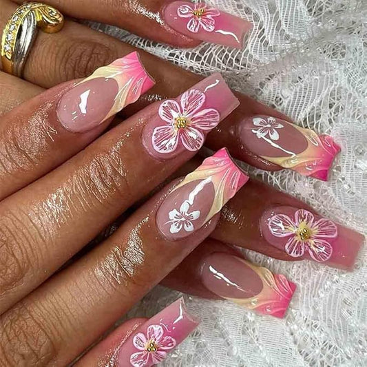 French Press on Nails Medium Long Pink Fake Nails Square Bling Glossy 3D Flower Design False Nail Tips Artificial Nails Finger Manicure for Women and Girls-24pcs