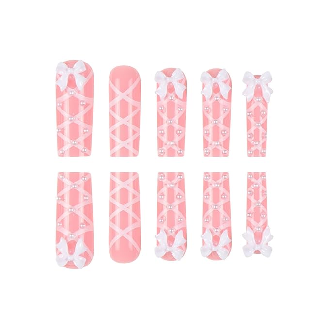 Long Press on Nails Square Fake Nails Cute False Nails Pink Artificial Nails with White Bow Designs Stick on Nails for Women 24pcs