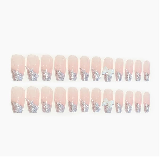 Hkanlre Bling Coffin Press on Nails Fake Nails Tips Full Cover Medium False Gradient Nails for Women and Girls 24PCS (Pearl Pink)