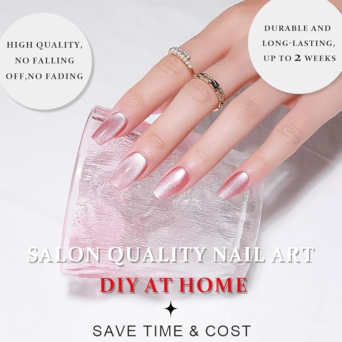 evpct Pink Cat Eye Press on Nails Square Medium Coffin, Medium Square Glue on Nails for Women Gift, Plum Pink Metallic Glitter Glossy Reusable Spring Summer Gel Press on Acrylic Fake Nail with Designs