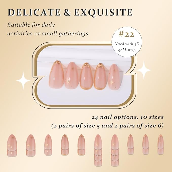 Gold French Tip Press On Nails Medium Almond, 3D Line Star French Tip Sticke On Nails, Designer Reusable Acrylic Nail Press Ons, Fake Nail With Glue On Nails, Daily Wea False Nail For Women