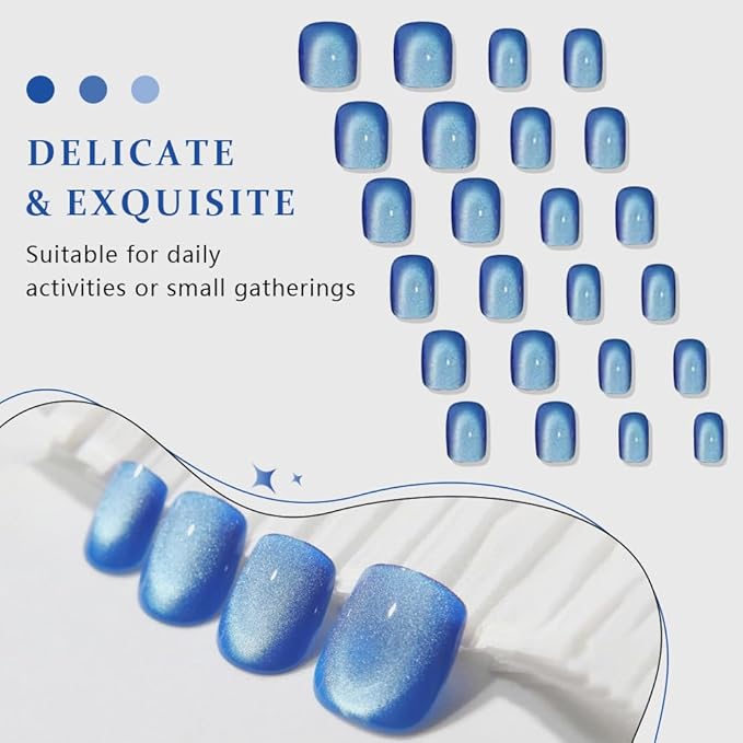 evpct Blue Cat Eye Extra Short Press on Nails Square, Petite Short Square Glue on Nails for Women Gift, Light Sky Blue Metallic Glitter Glossy Reusable Gel Press on Acrylic Fake Nail with Designs