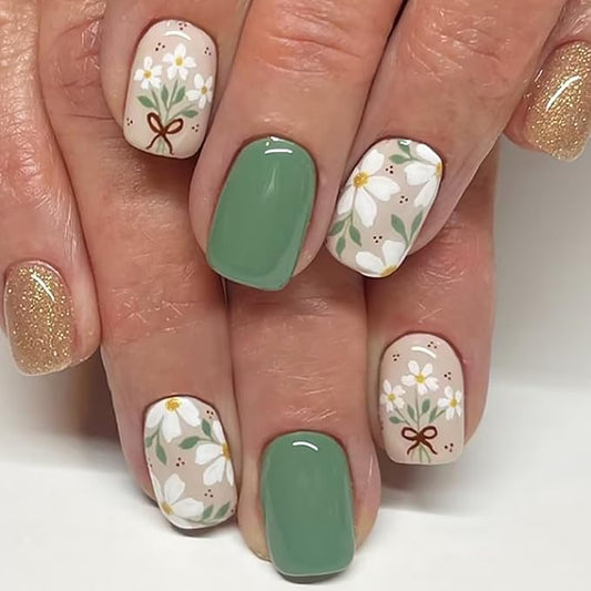24Pcs Spring Press on Nails Short Square Fake Nails Bow Flower Glue on Nails Green Glossy Full Cover False Nails Glitter Gold Artificial Stick on Nails Coffin Acrylic Nails Kit for Women Nail Supplies