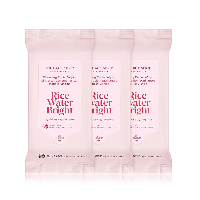 THE FACE SHOP X GLAMZILLA Rice Water Bright Cleansing Wipes On-the-Go Bundle for Face, Moisturizing, Infused with Rice Extract, Cleansing Facial Wipes, 25 Count (Pack of 3)