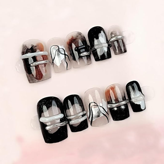24Pcs Black Press on Nails Short Square Fake Nails with 3D Line Designs French Stick on Nails Black Brown Gradient False Nails Full Cover Fall Acrylic Nails Kit Silver Glue on Nails for Women