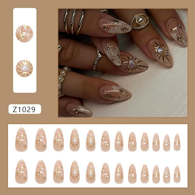 24Pcs Almond Press on Nails Medium Fake Nails with Star Heart Designs Sparkly 3D Rhinestones Nude Glue on Nails Press ons Elegant Acrylic False Nails for Women Manicure Tip Decoration
