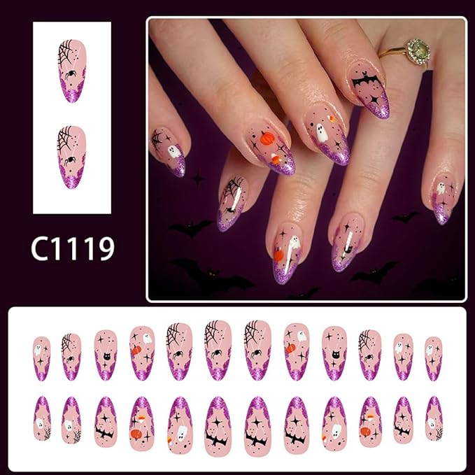 24Pcs French Tip Press on Nails Short Almond Fake Nails with Designs Halloween Nails Press on Spider Web Pumpkin Glue on Nail Halloween False Nail Star Cat Acrylic Nail for Women Manicure Decorations