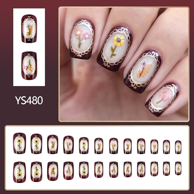 Short French Press on Nails Square Shape Fake Nails Glossy Finish False Nails with Colorful Flower Designs Full Cover Stick on Nails Spring Summer Glue on Nails for Women Nail Art Decorations - 24Pcs