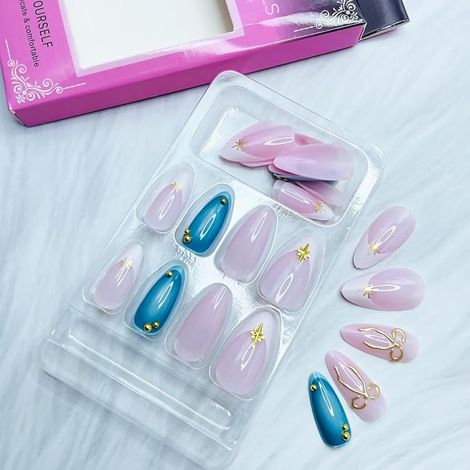 Blue Press on Nails Medium Almond Fake Nails with 3D Gold Bow Steel Ball Charms Design White French Tips Glue on Nails Glossy Blue Artificial False Nails for Women Girls Manicure Decoration Tips 24Pcs