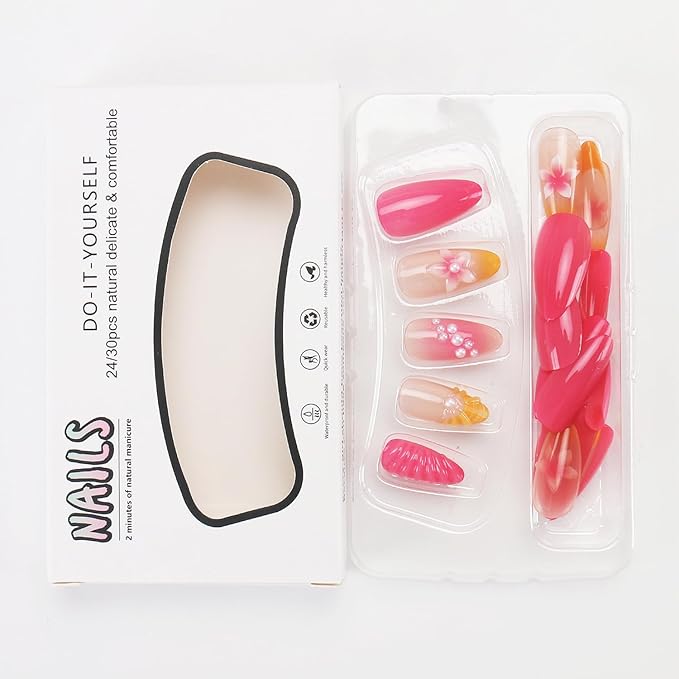 24 Pcs Pink Flower Press on Nails Medium Almond Fake Nails with 3D Shell Pearl Designs French Tip False Nails Kit Summer Beach Nails Floral Full Cover Acrylic Nail Tips Stick on Nails for Women