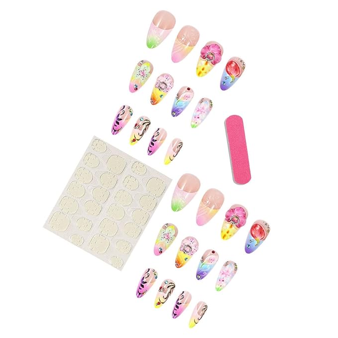 Flower Press on Nails Medium Almond Fake Nails with 3D Colorful Flower Rhinestone Designs French Tip False Nails Reusable Artificial Nails Glossy Full Cover Spring Glue on Nails for Women Girls 24Pcs