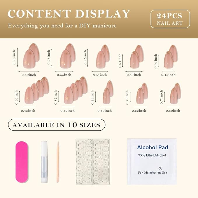 Gold French Tip Press On Nails Medium Almond, 3D Line Star French Tip Sticke On Nails, Designer Reusable Acrylic Nail Press Ons, Fake Nail With Glue On Nails, Daily Wea False Nail For Women