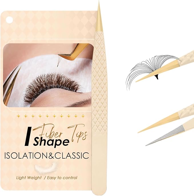 Beige Fiber Tip Lash Tweezers for Eyelash Extensions – I Shape for Isolation & Classic Lashes, Professional Precision Tool for Lash Technicians