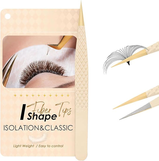 Beige Fiber Tip Lash Tweezers for Eyelash Extensions – I Shape for Isolation & Classic Lashes, Professional Precision Tool for Lash Technicians