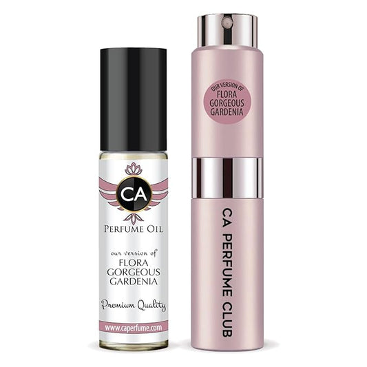 CA Perfume Duo Impression of Flora Gorgeous Gardenia For Women Perfume Layering Set Long Lasting Travel Size EDP + Body Oil Roll-On Bottle 0.27 Fl Oz+0.33 Fl Oz