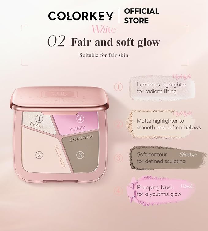 COLORKEY 3D Sculpting Contour Palette, 4-Color, High Capacity, Highlighter, Blush, Shadow, Translucent, Youthful Glow, Long-Lasting, Fine Texture (02)