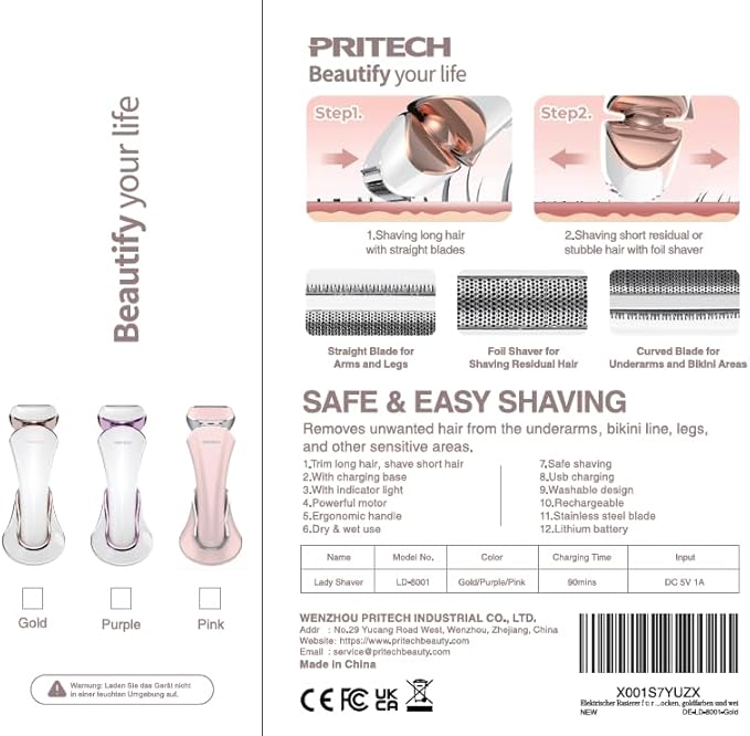 PRITECH Electric Shaver for Women - Cordless Razor for Women Portable Lady Shaver for Legs, Arm, Underarms, Bikini, USB Rechargeable, Wet & Dry Waterproof Bikini Trimmer for Woman, Purple