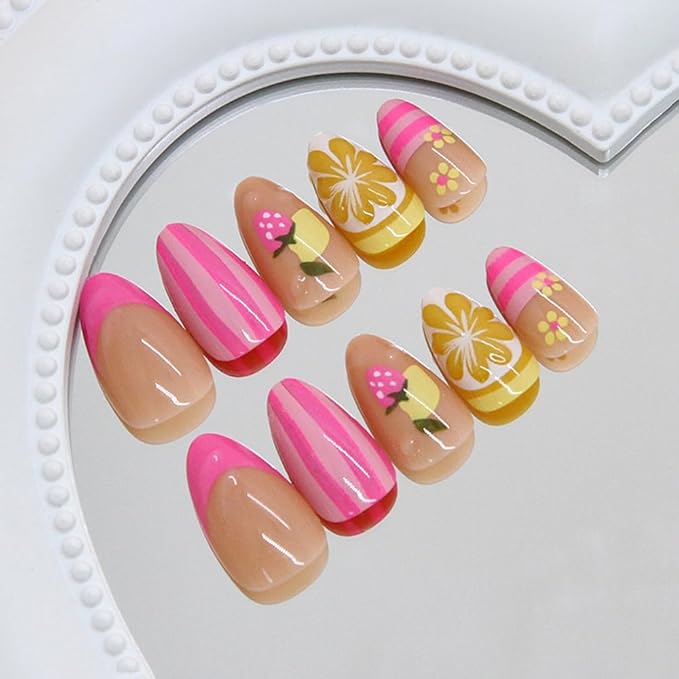 Fruit Press on Nails Short Almond Stick on Nails with 3D Lemon Strawberry Stripe Design Pink French Tip Fake Nails Acrylic Glossy Autumn Glue on Nail for Women Girls Manicure 24Pcs