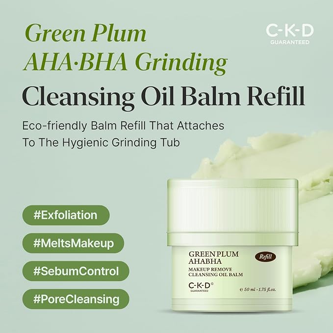 CKD Green Plum AHA·BHA Grinding Cleansing Oil Balm [Refill] - Sherbet Balm Cleanser for Makeup, Sebum & Blackhead Removal. Exfoliating with 4-Acid Complex for All types of Skin.1.75 fl oz